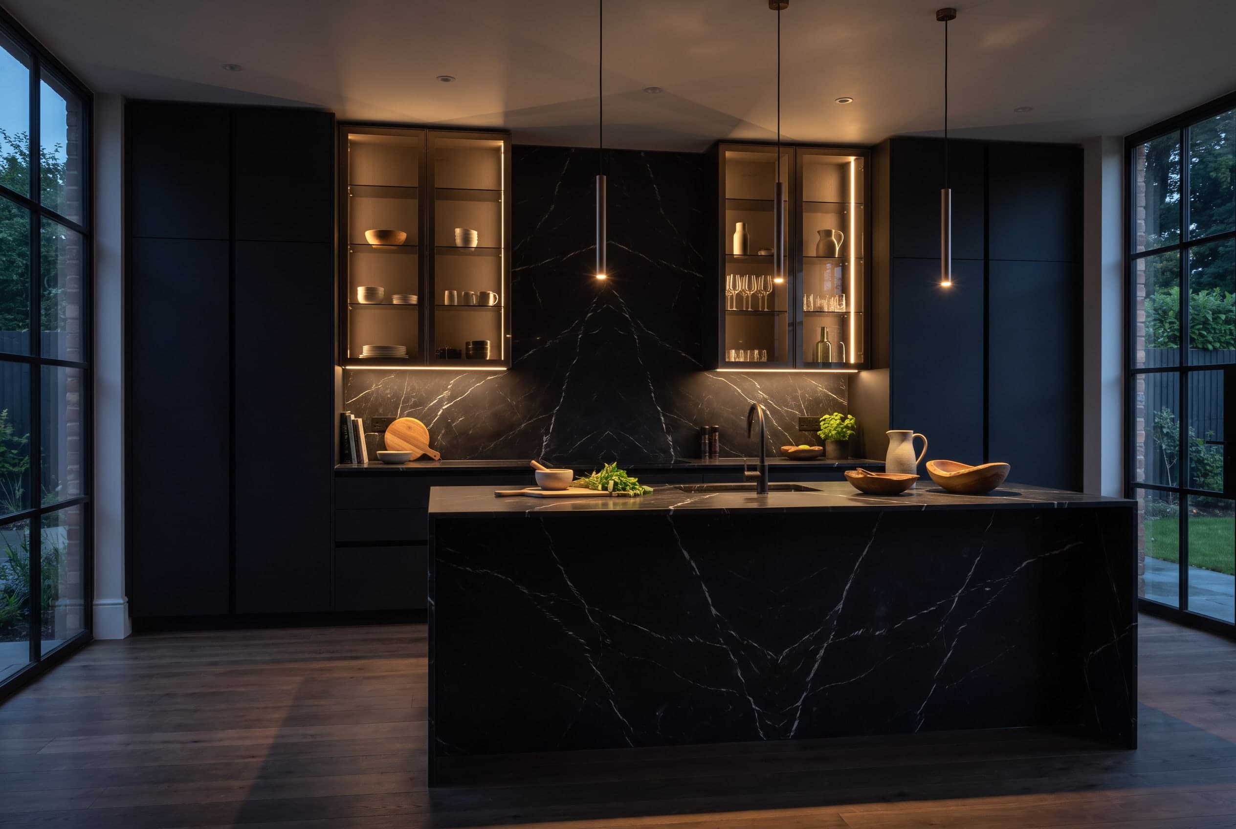 Luxe keuken in diep zwart: matzwarte fronten, een eiland en achterwand van zwart marmer met witte adering en verlichte vitrinekasten van gerookt glas, in avondlicht onder slanke hanglampen.