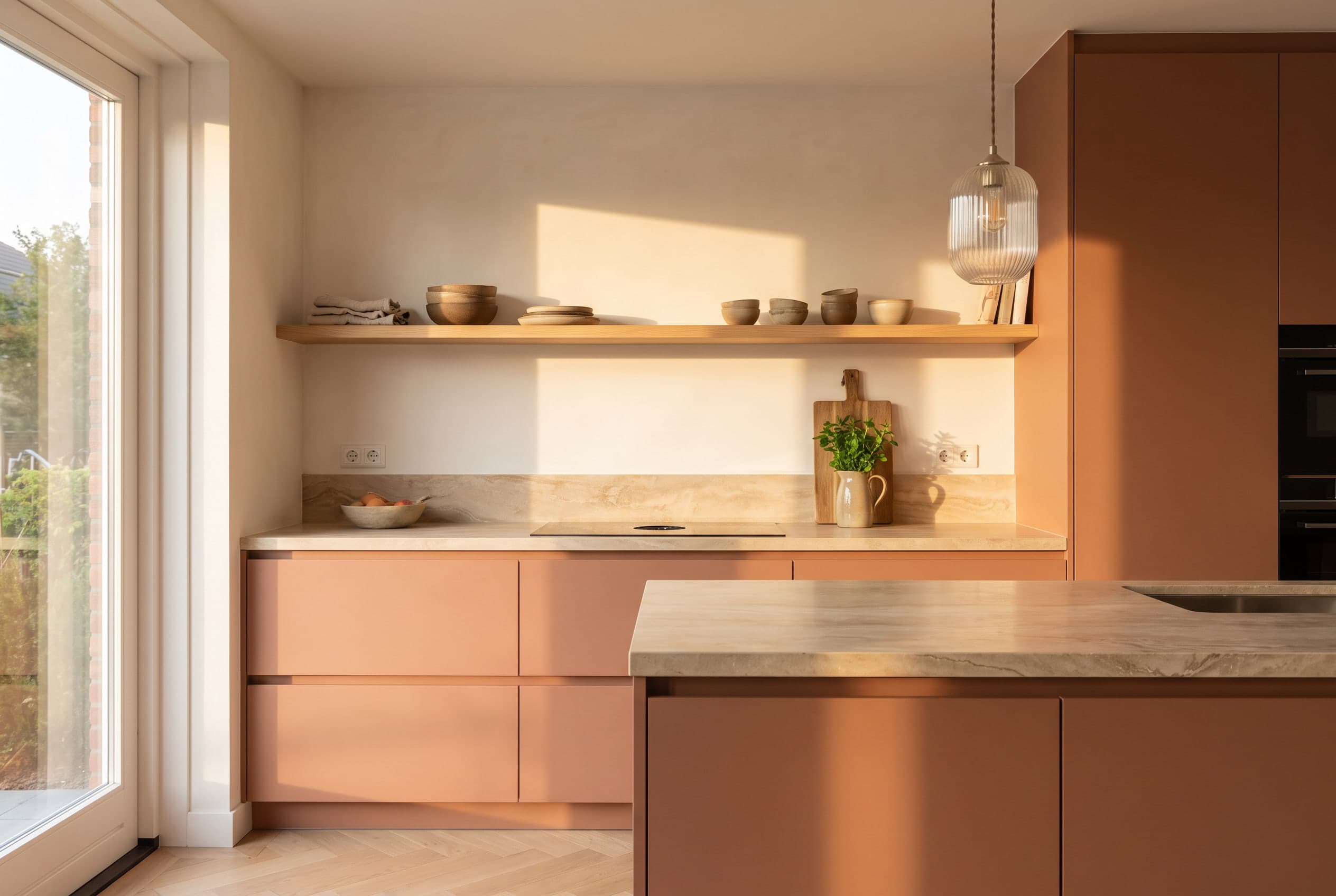 Warme keuken met matte fronten in terracotta, een eiland met een zandkleurig stenen blad, een kalkwand met een eiken plank vol aardewerk en een geribbelde glazen hanglamp in laag gouden licht.
